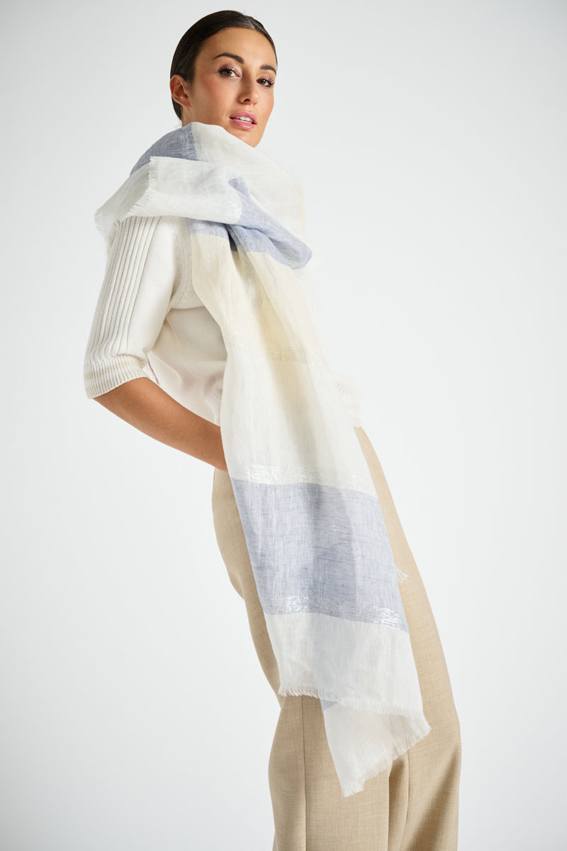 Striped linnen scarf in blue-lurex-white