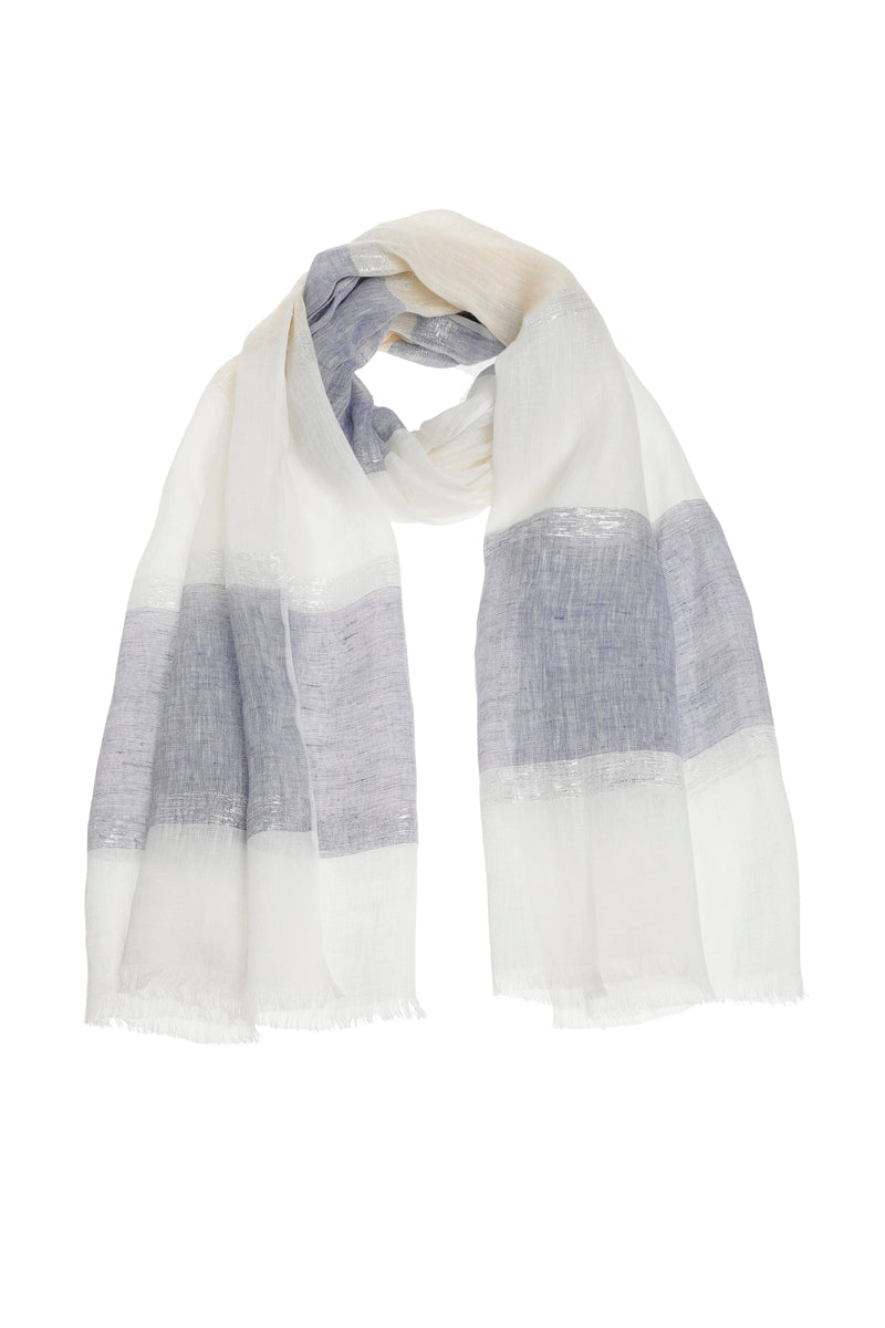 Striped linnen scarf in blue-lurex-white