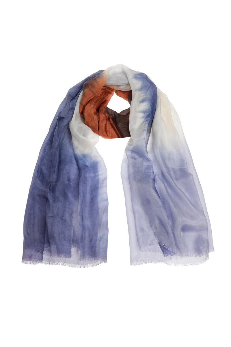 Striped silk scarf in blue-cognac-cream