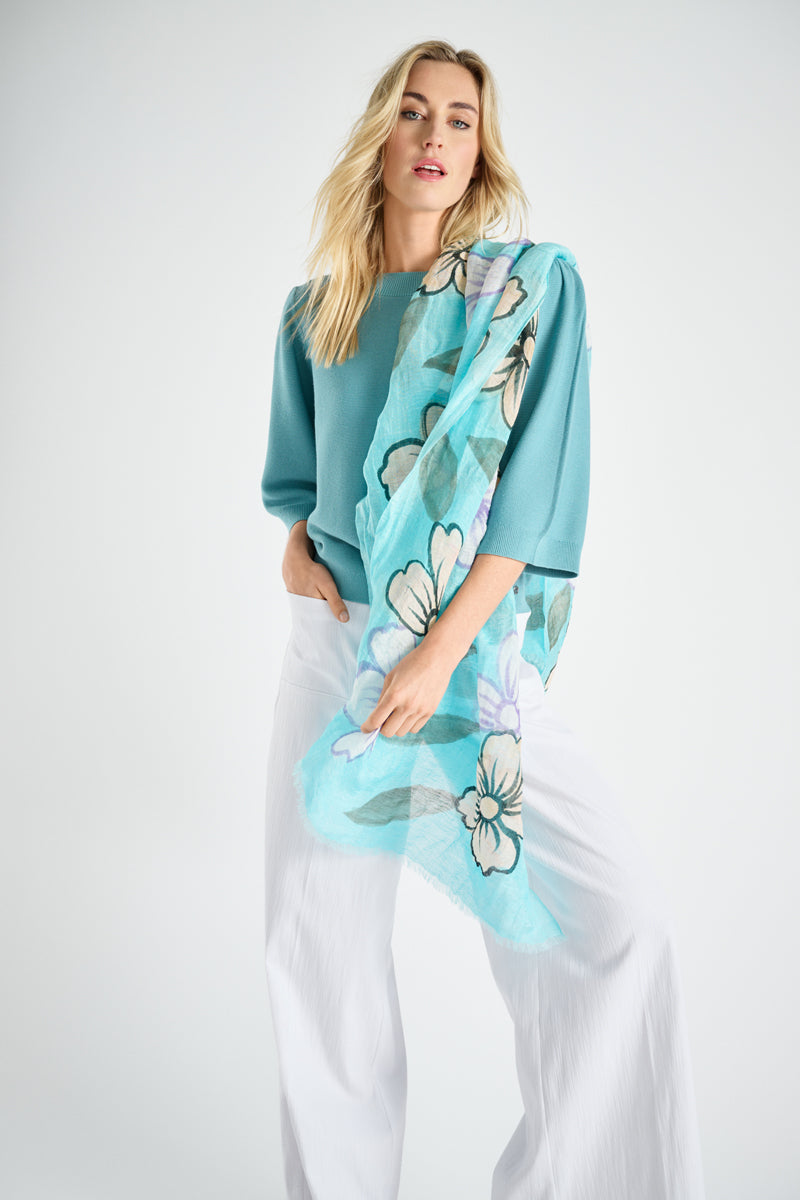 Blauw-groene sjaal in zijde en linnen met bloemen