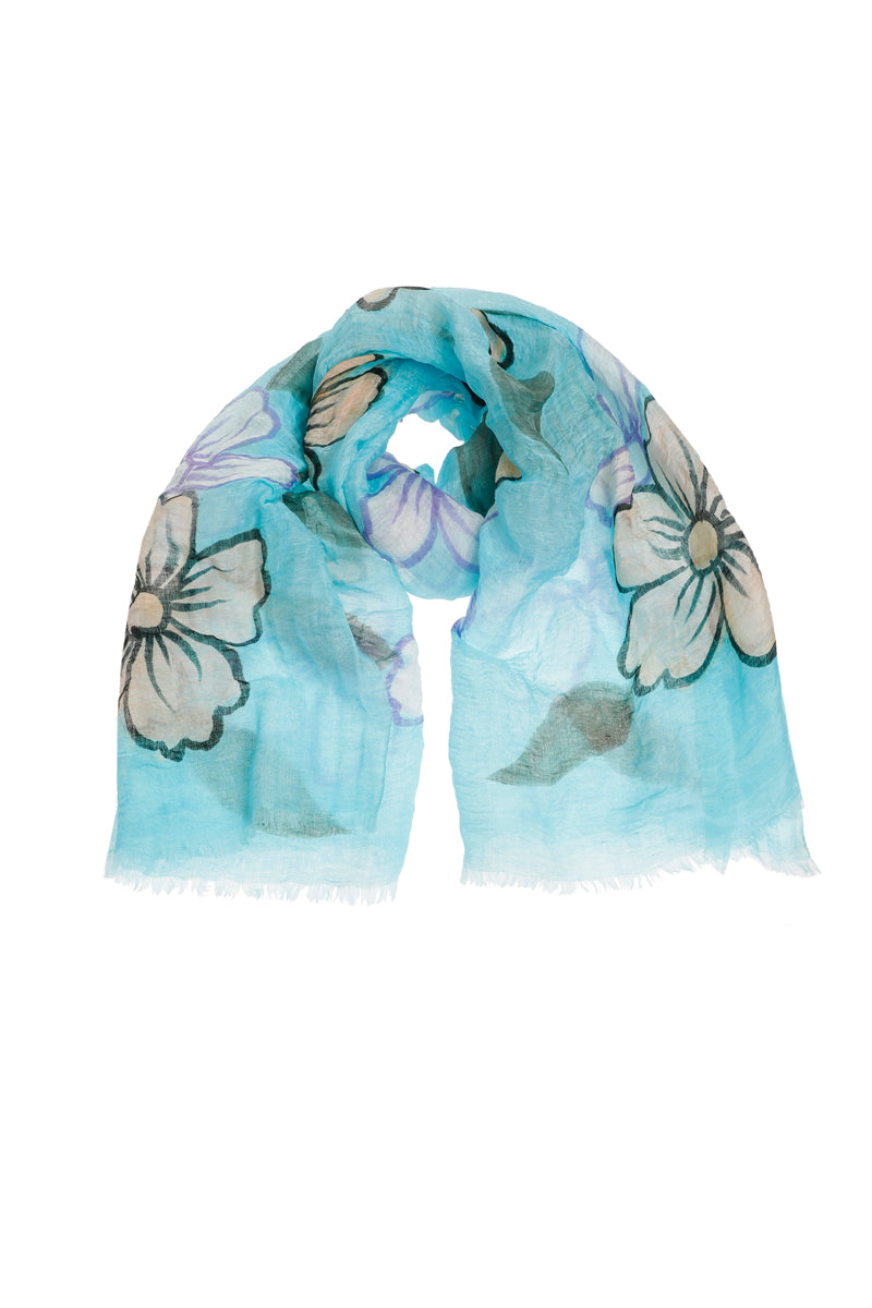 Blauw-groene sjaal in zijde en linnen met bloemen