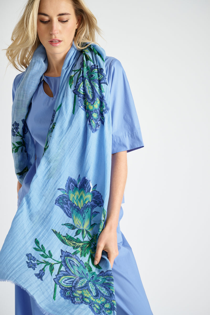 Lange blauw-groen bloemen sjaal