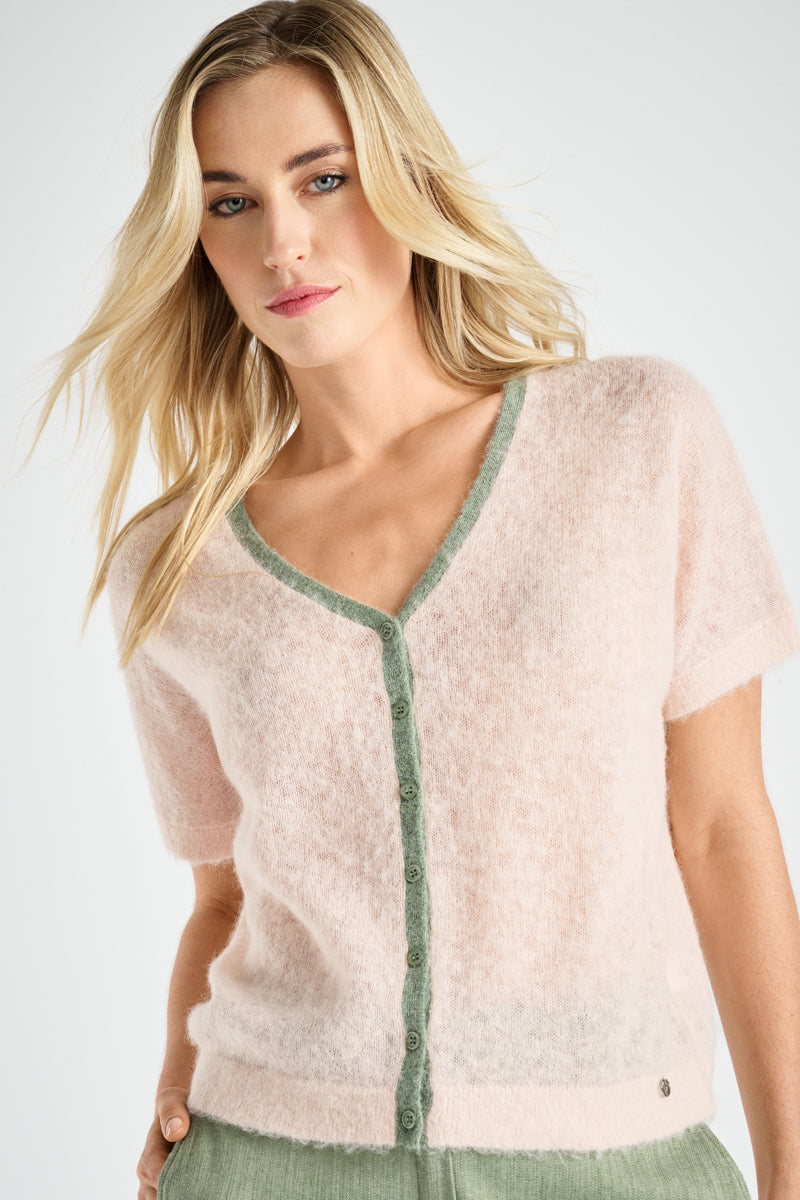 Roze alpaca cardigan met groene bies