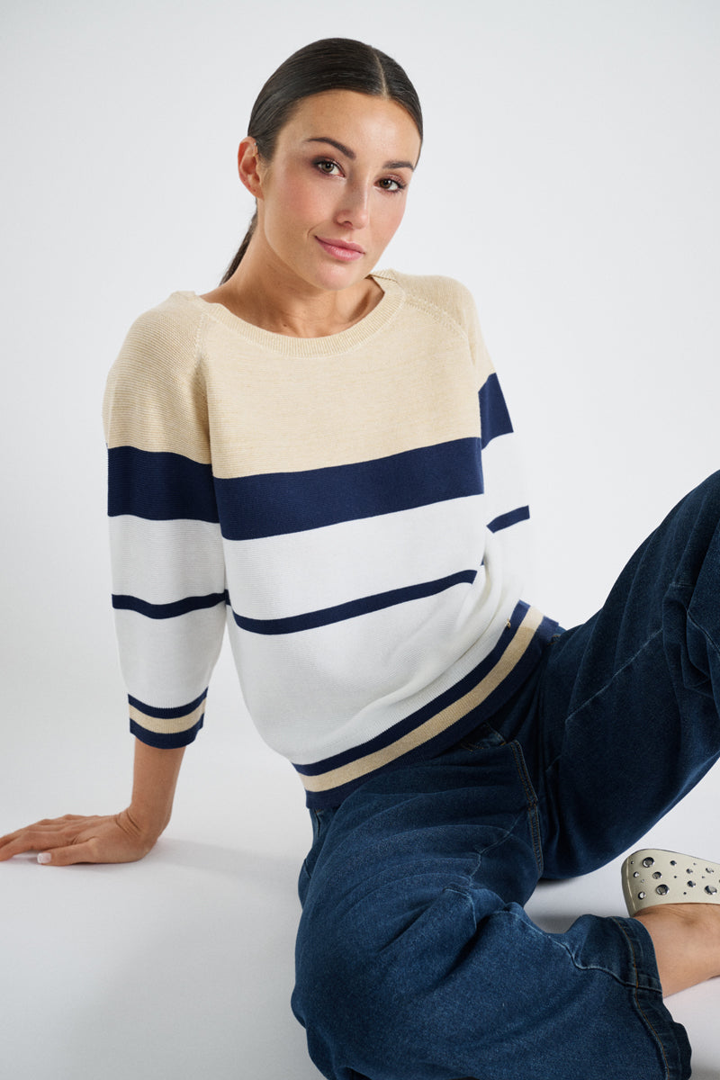 Striped sweater with white, navy and gold