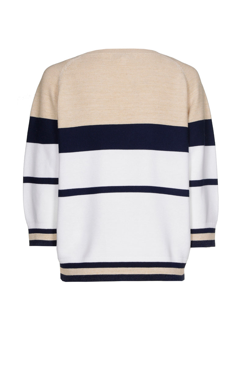 Striped sweater with white, navy and gold