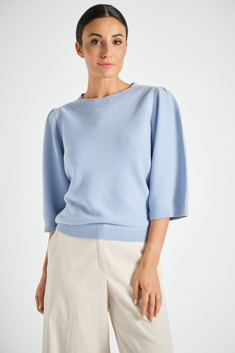 Blue round neck sweater with puffy sleeve