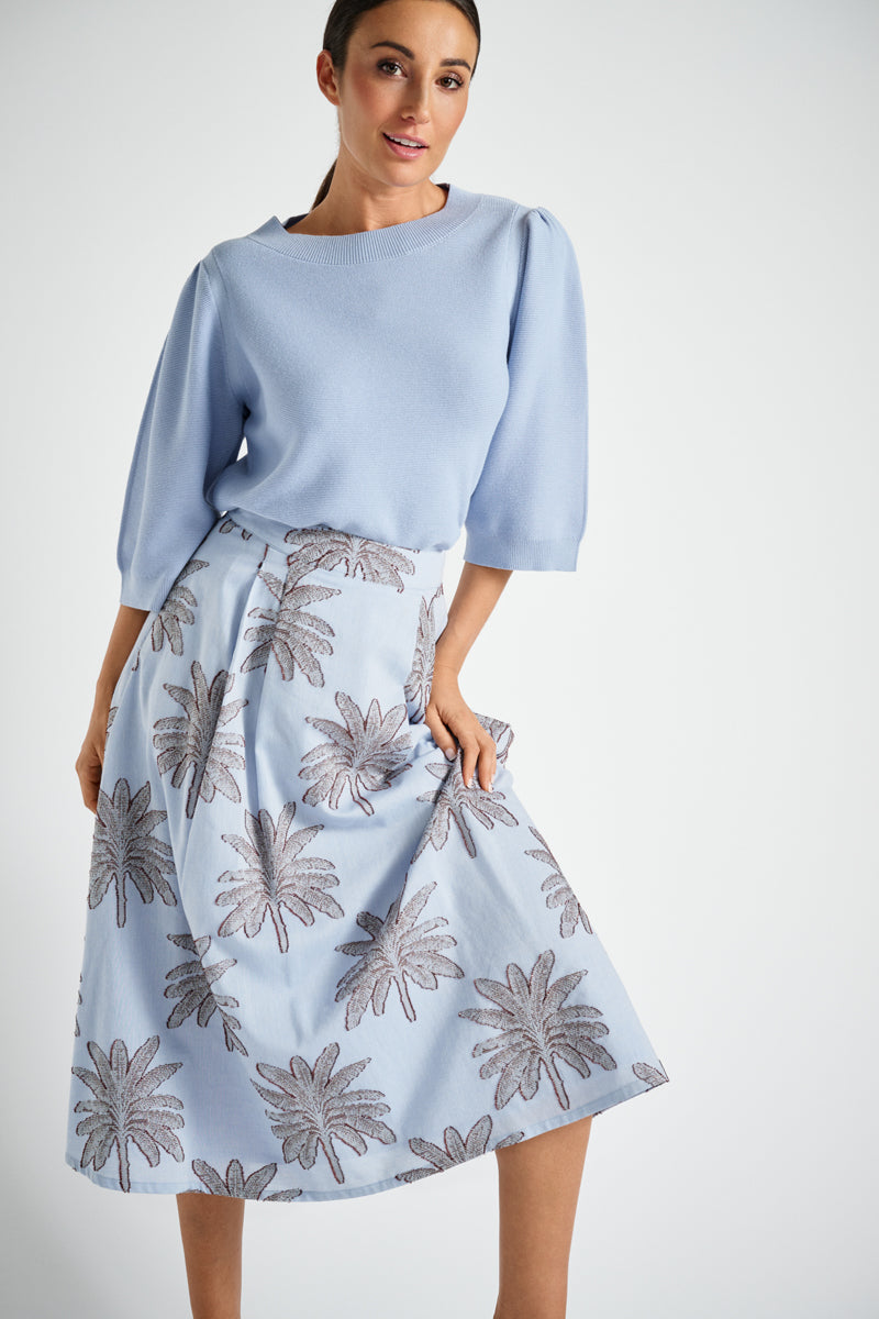 Blue round neck sweater with puffy sleeve