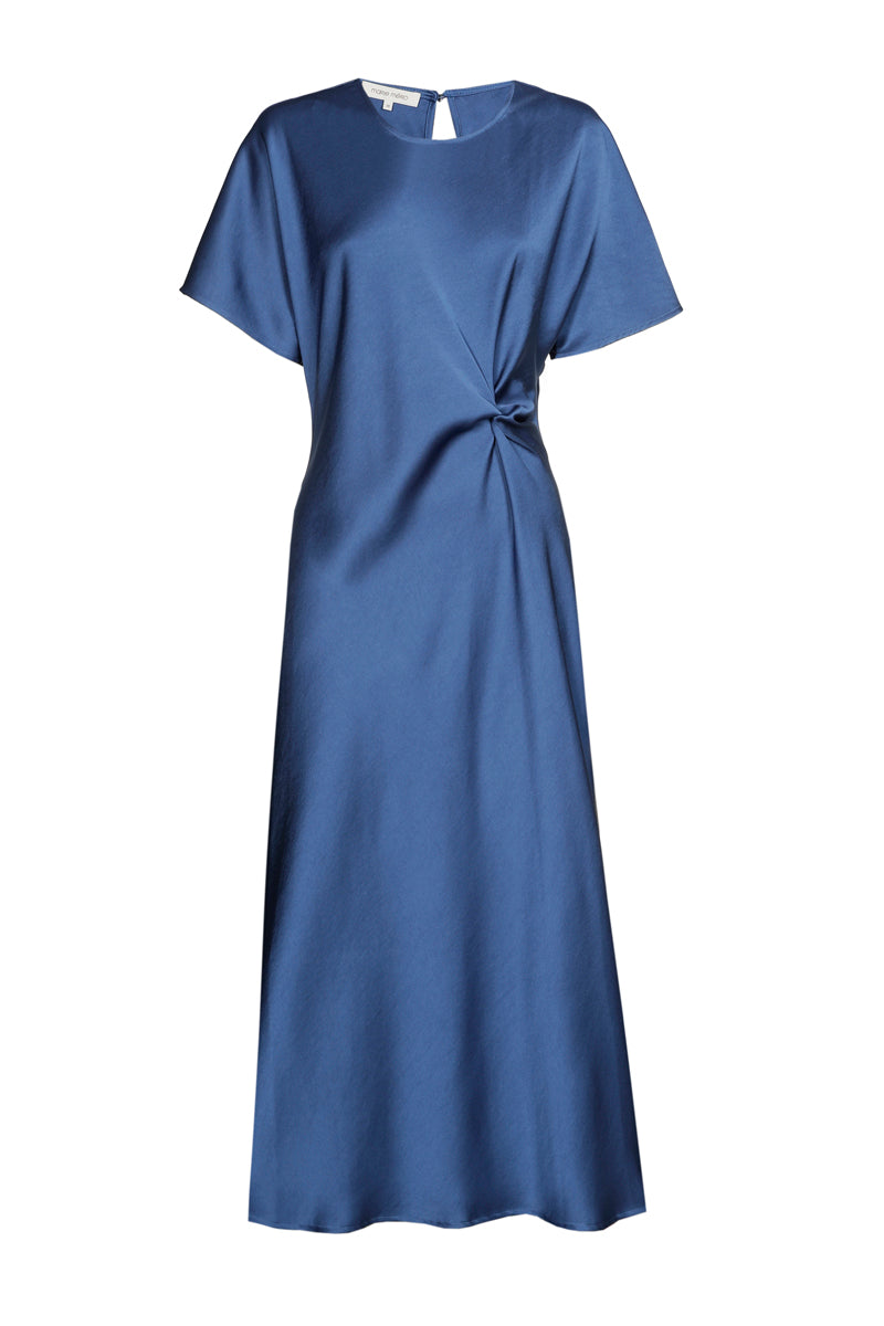 Blauw kleed met korte mouw in satijnlook