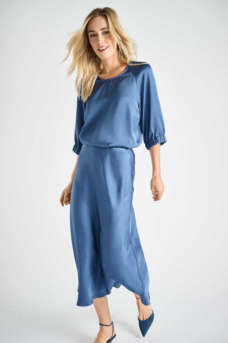 Navy blue satin-like godet skirt 