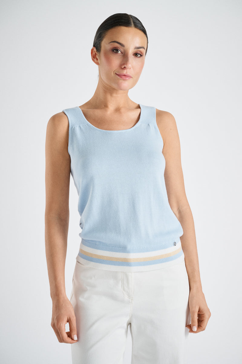 Sky blue top with white and ecru trim
