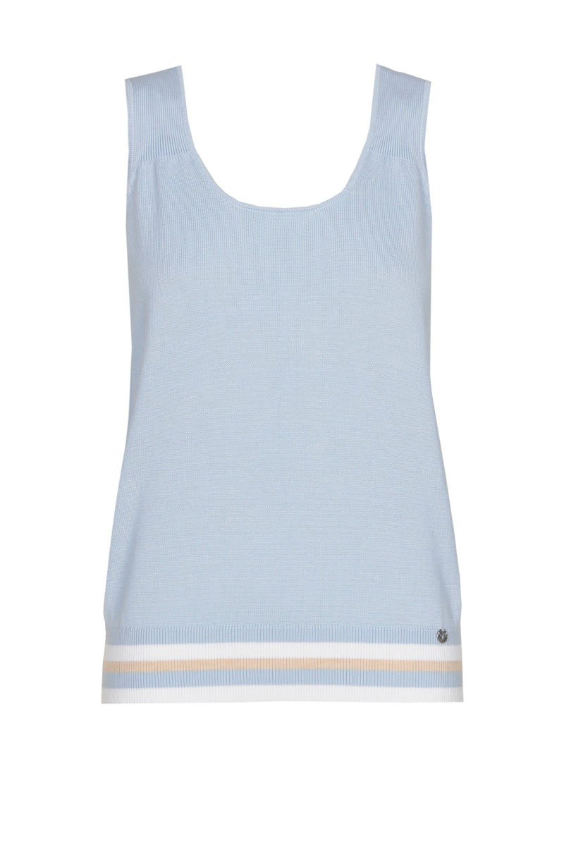 Lichtblauwe top met boord in beige en wit