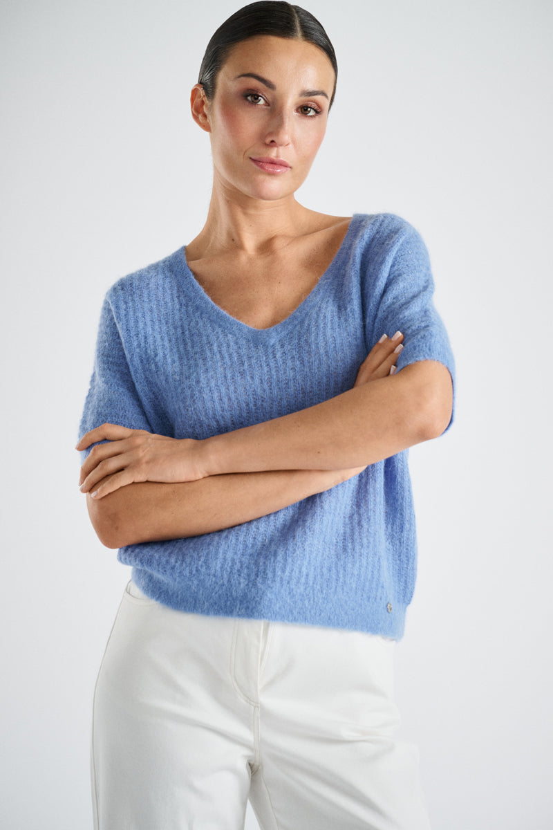 Pull V manche courte bleu alpaga