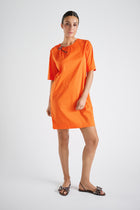 Orange straight cotton dress with brooched collar