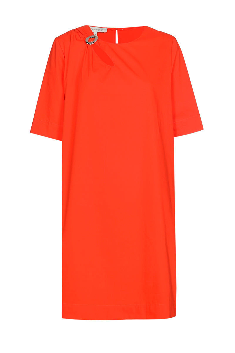Orange straight cotton dress with brooched collar
