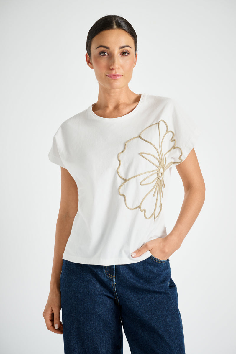T-shirt blanc avec fleur beige brodée