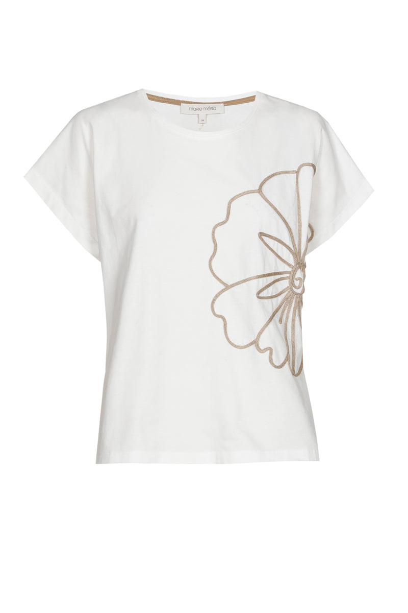T-shirt blanc avec fleur beige brodée