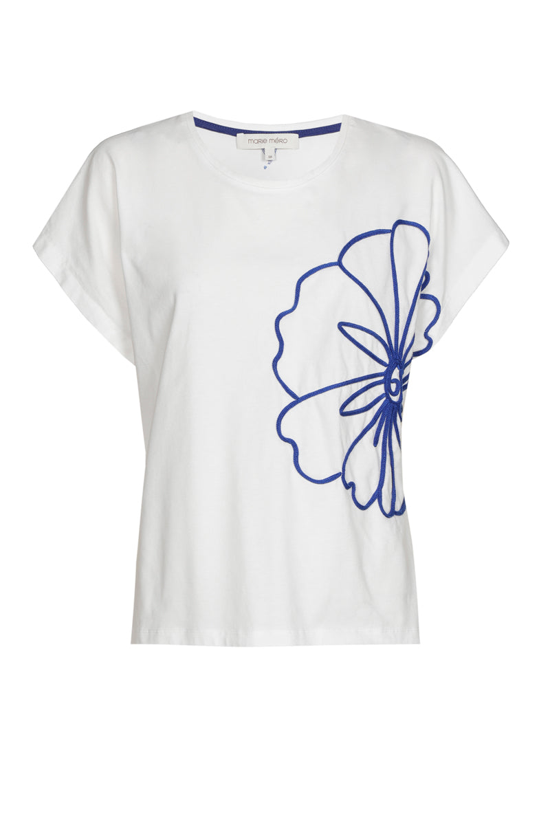 T-shirt blanc avec fleur bleue brodée