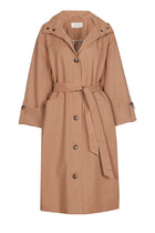 Long camel-coloured lined coat with hood and belt