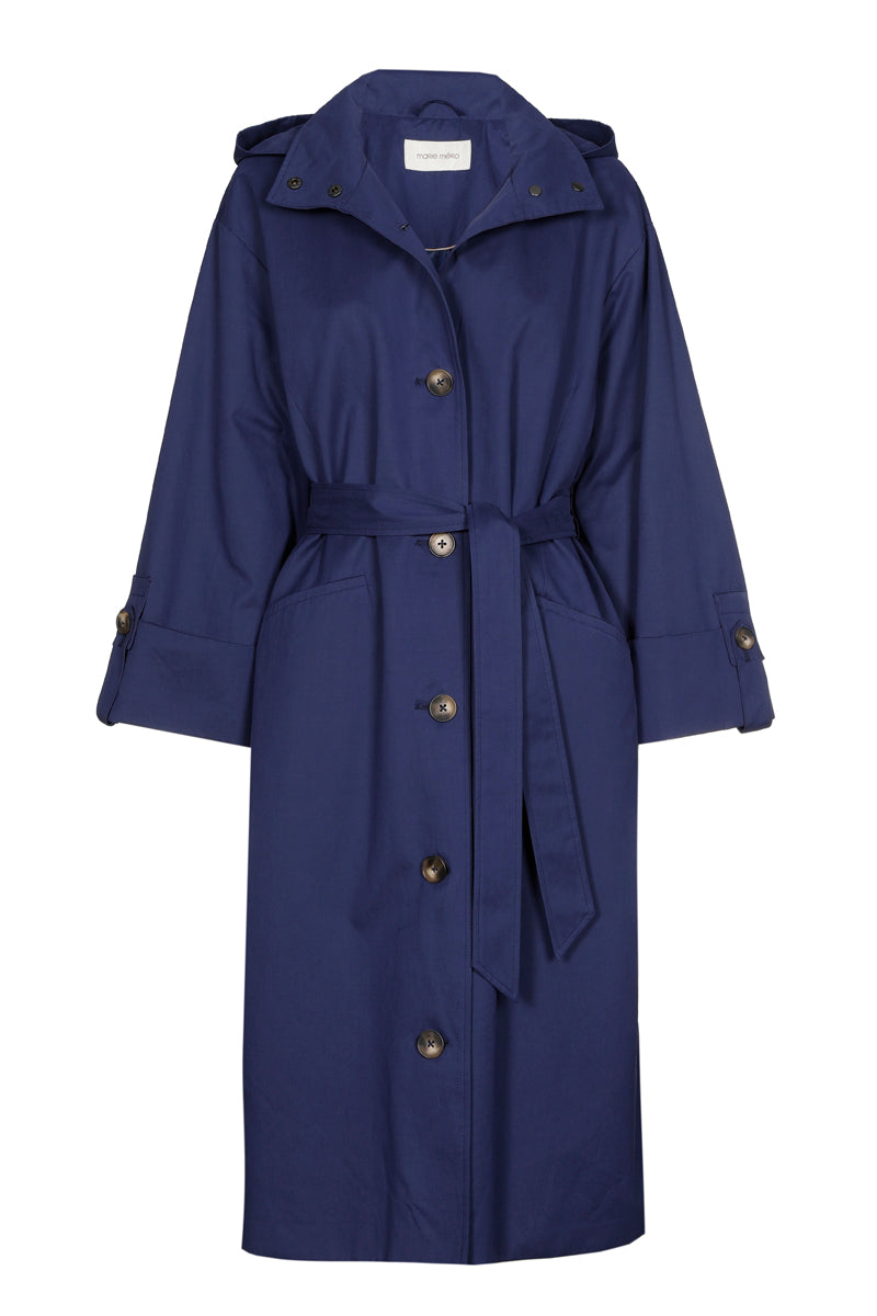 Long lined navy coat with hood and belt