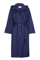 Long lined navy coat with hood and belt