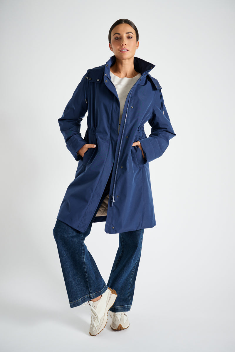 Lange marineblauwe parka met kap