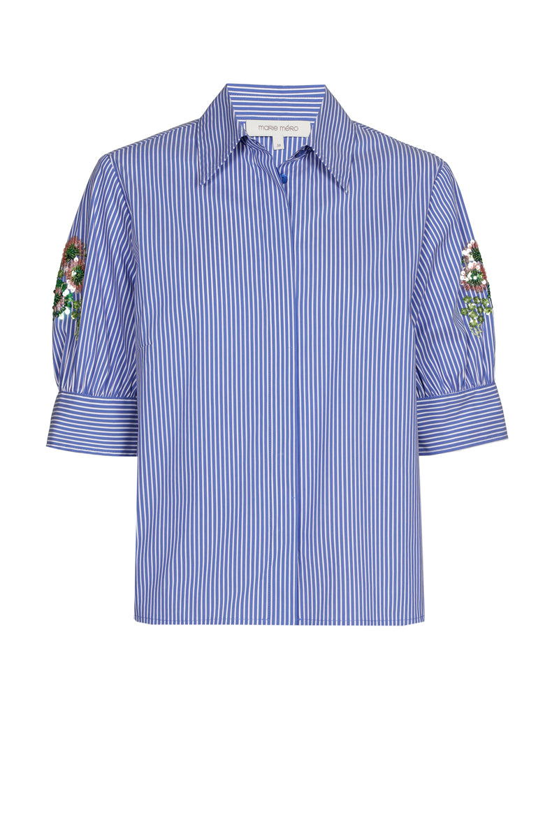 Lichtblauw gestreept bloesje met korte mouwen