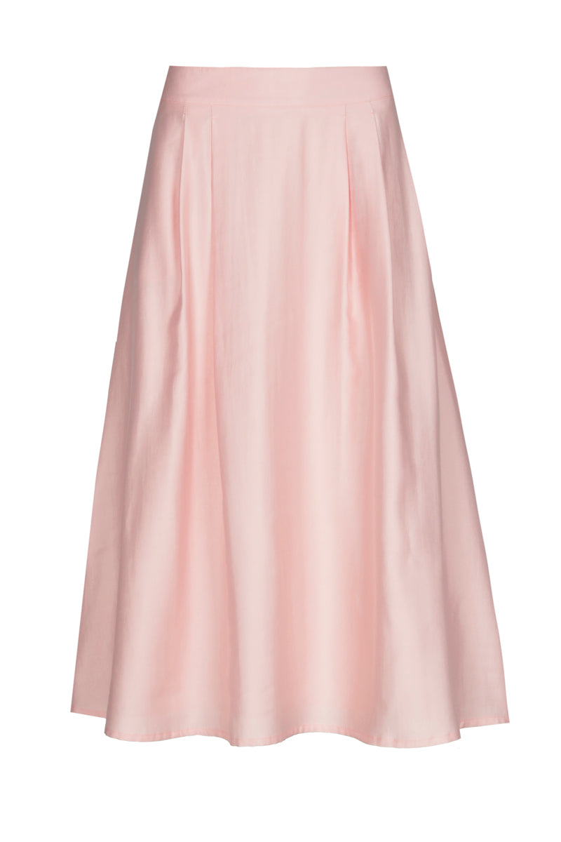 Wijde roze rok met bandplooien en zakken