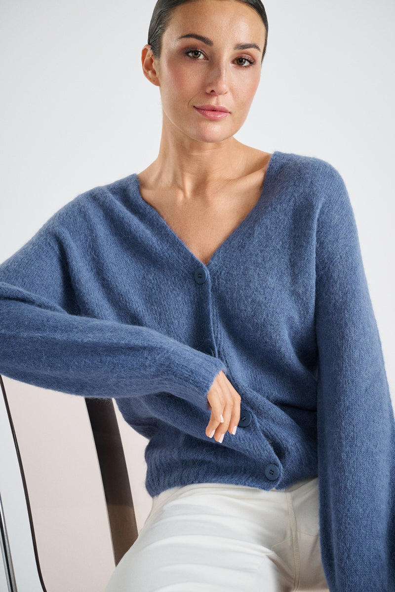 Korte v-neck cardigan in jeansblauw