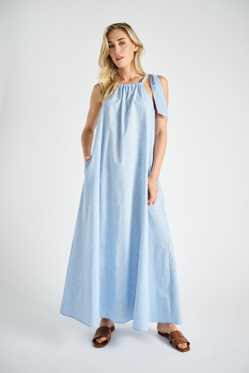 Long blue cotton summer dress