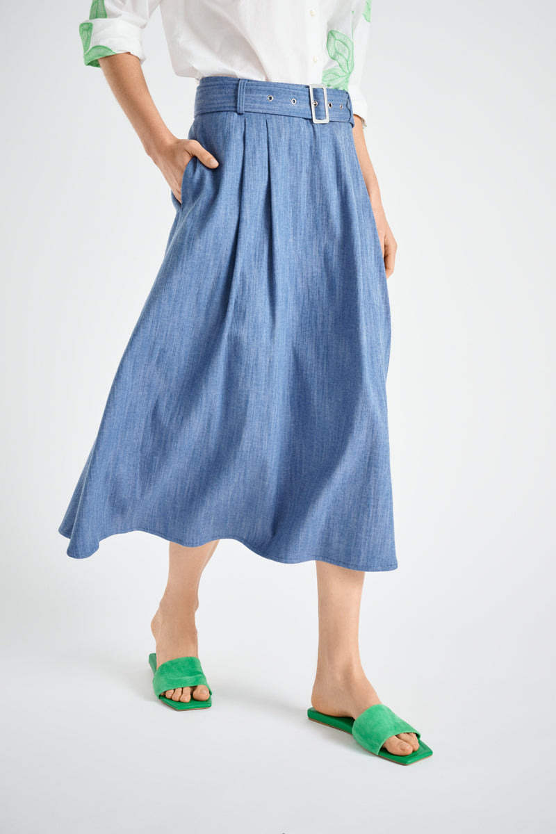 A-lijn rok in jeanslook met riem, bandplooien en zakken