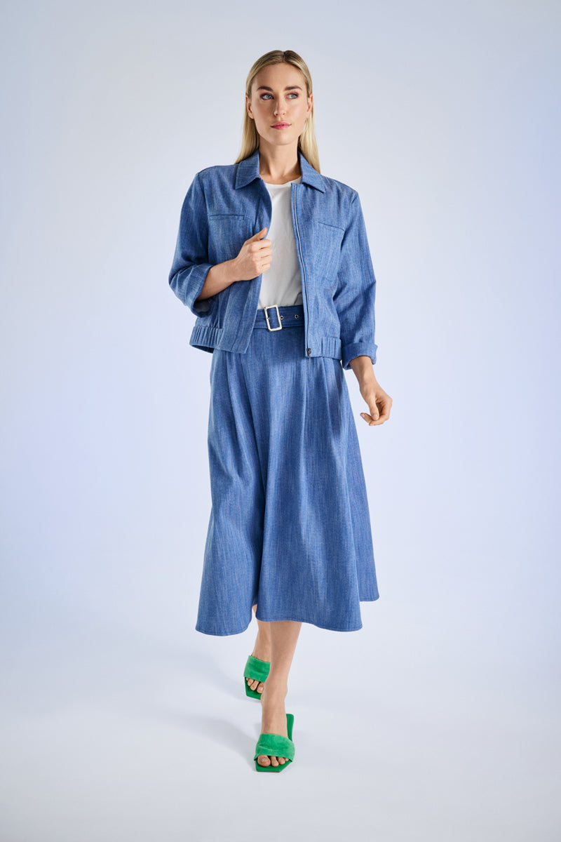 A-lijn rok in jeanslook met riem, bandplooien en zakken