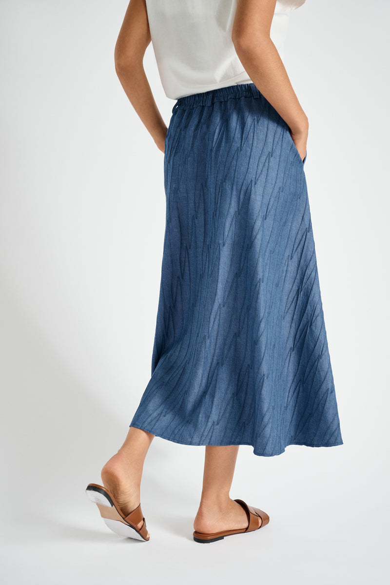 Midi embroidered denim a-line skirt