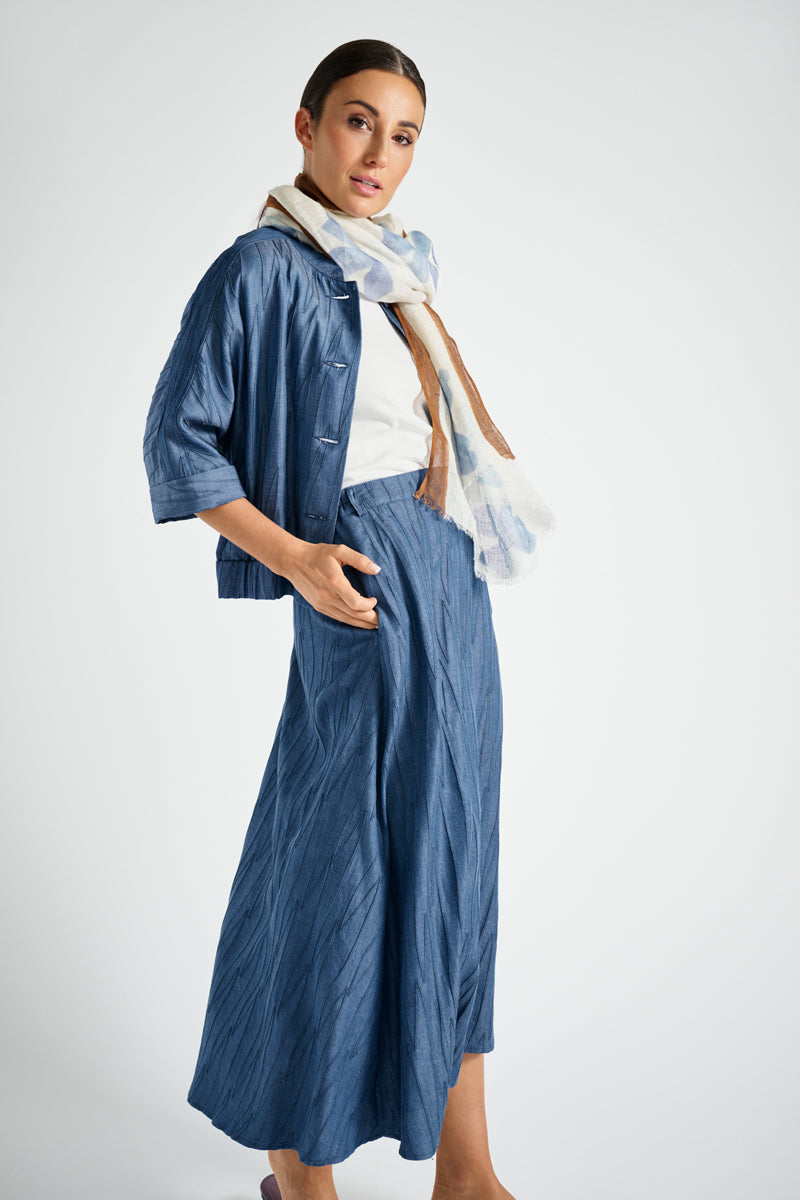 Midi embroidered denim a-line skirt