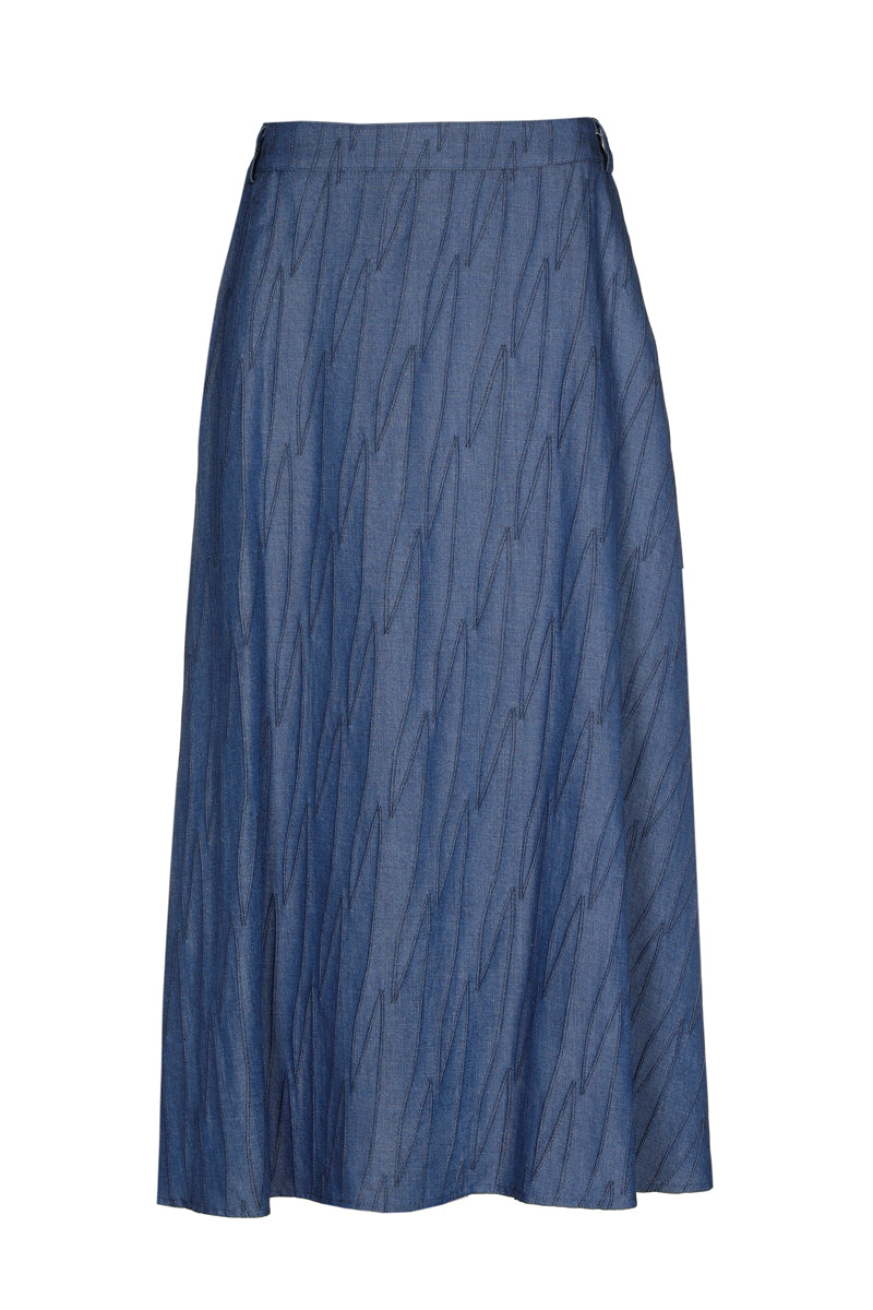 Midi embroidered denim a-line skirt