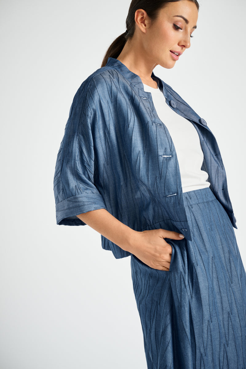 Short shirt jacket with stand-up collar in embroidered denim