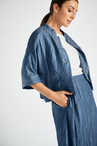 Short shirt jacket with stand-up collar in embroidered denim