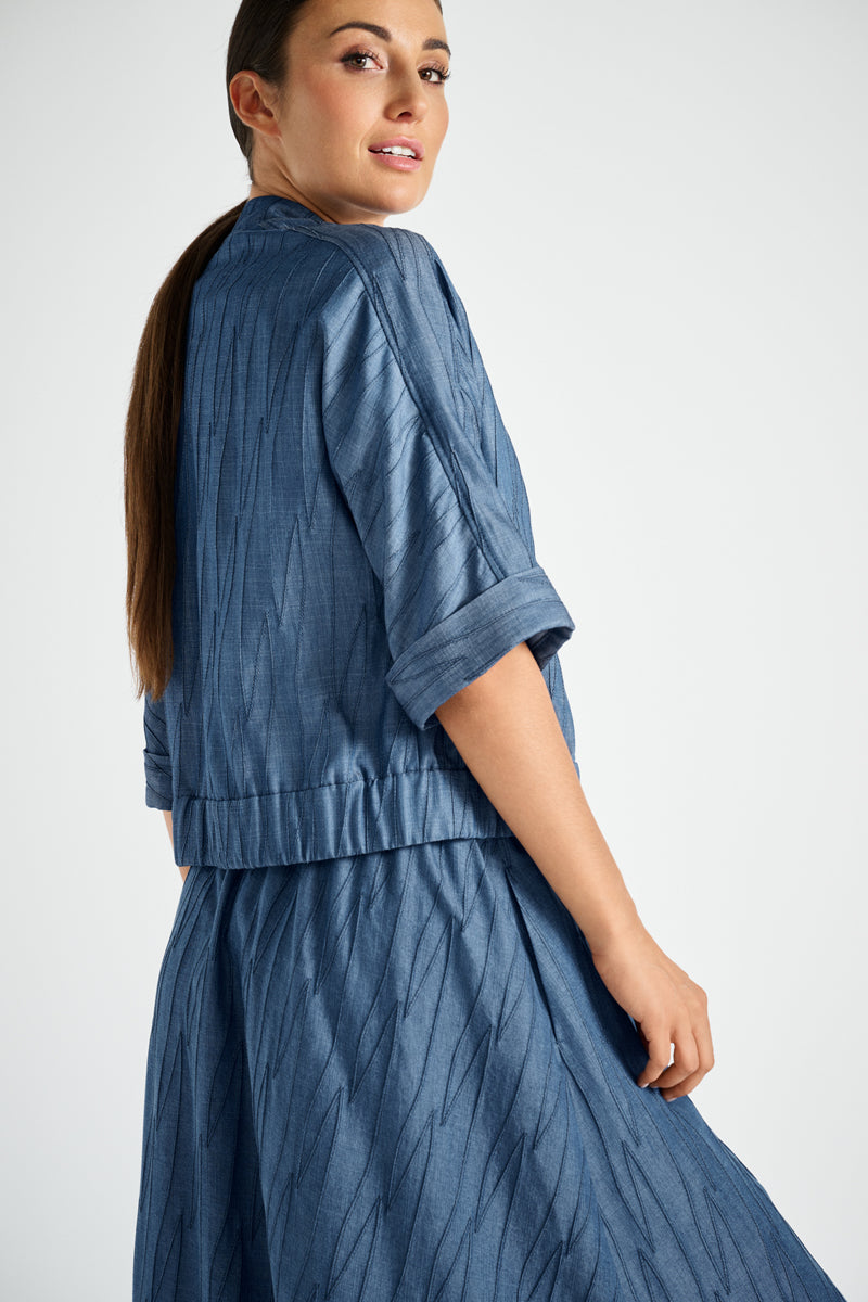 Short shirt jacket with stand-up collar in embroidered denim