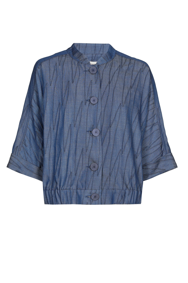 Short shirt jacket with stand-up collar in embroidered denim