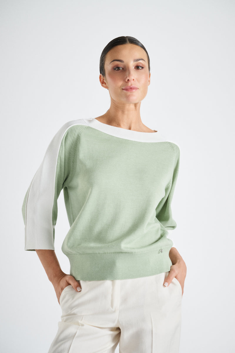 Bicolor sweater with mixed knit patterns