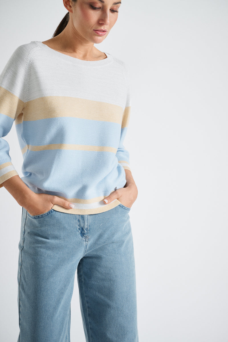 Pull met strepen in wit, lichtblauw en zandkleur