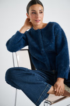 Soft knit cardigan in navy blue with a subtle fluffy look