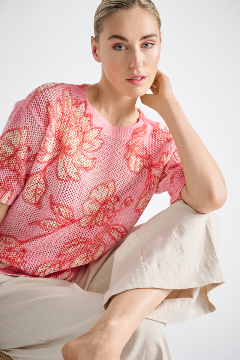 Printed crochet trui korte mouw