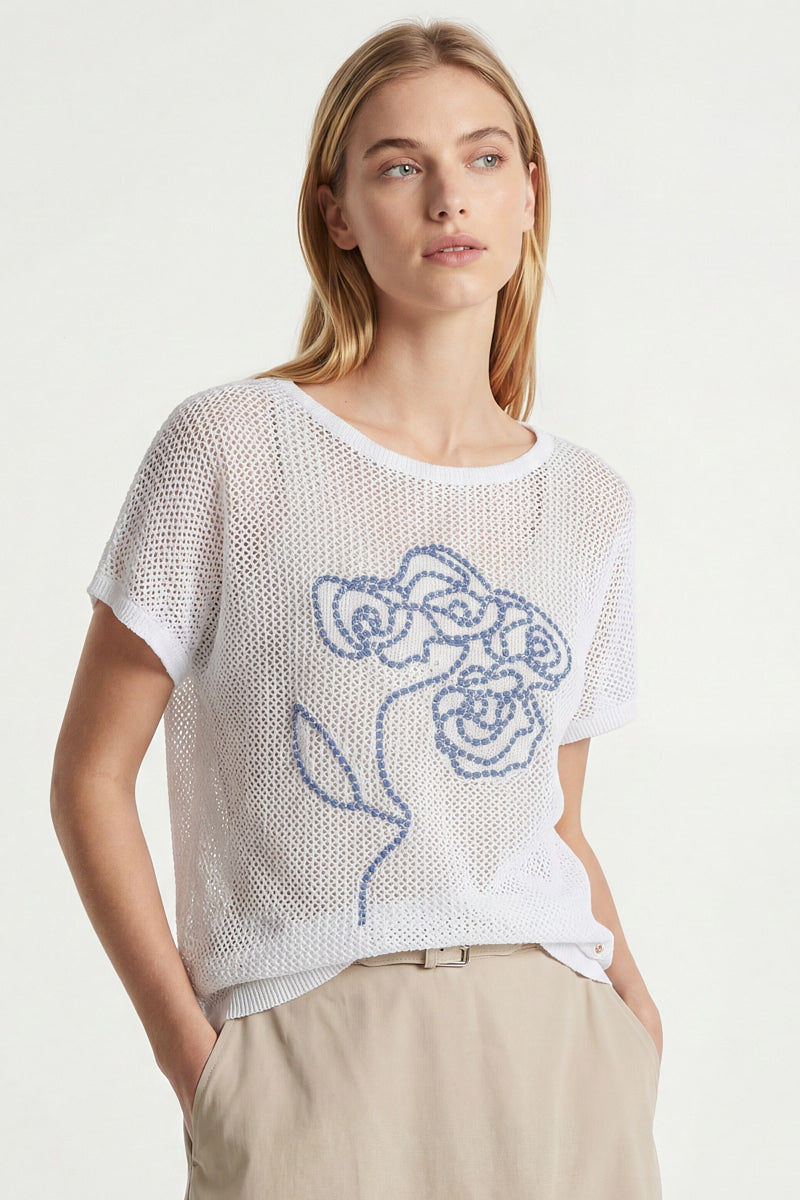 Embroidered crochet short sleeve sweater