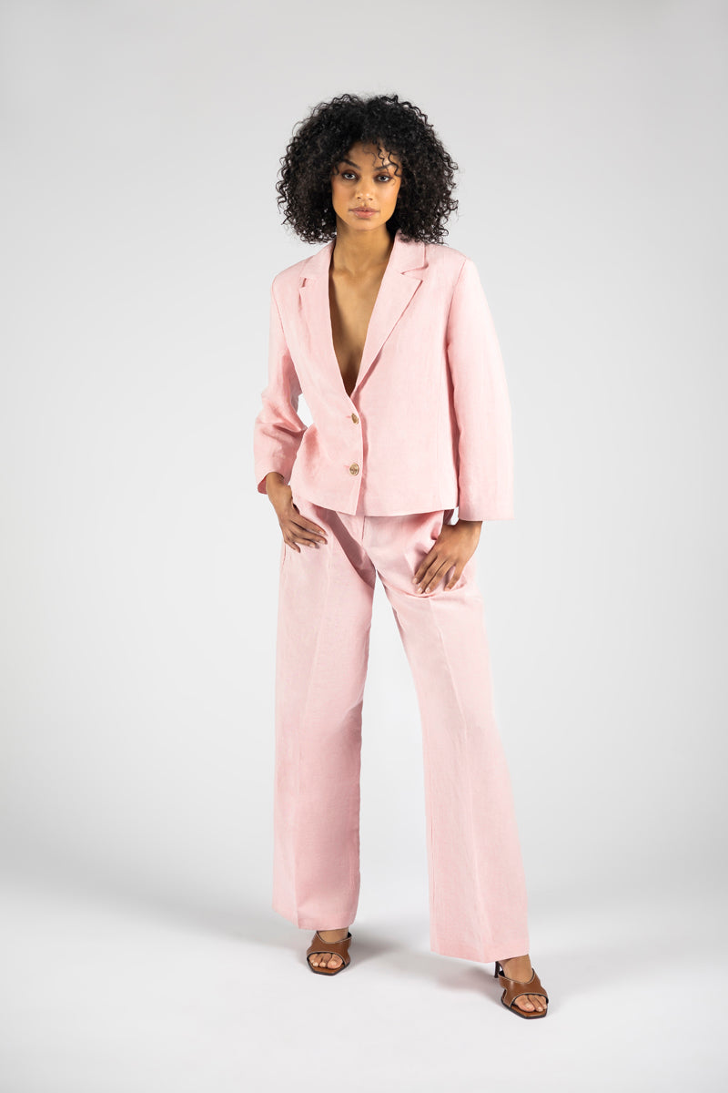 Rechte broek in linnen-viscose met bandplooi