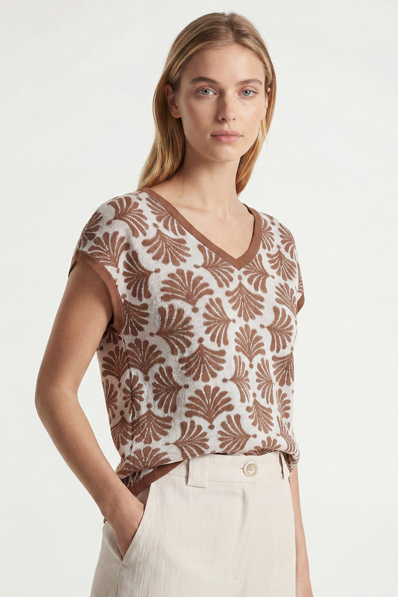 Printed jacquard V-neck top
