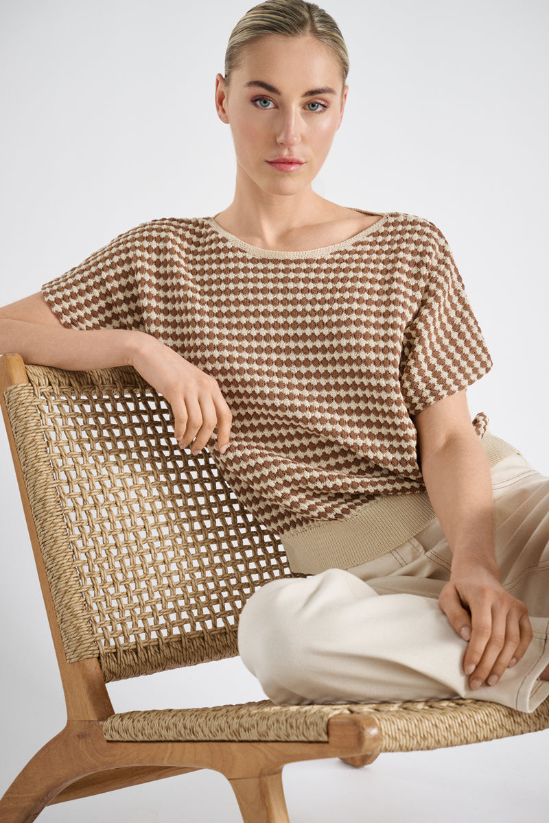 Bicolor jacquard trui korte mouw