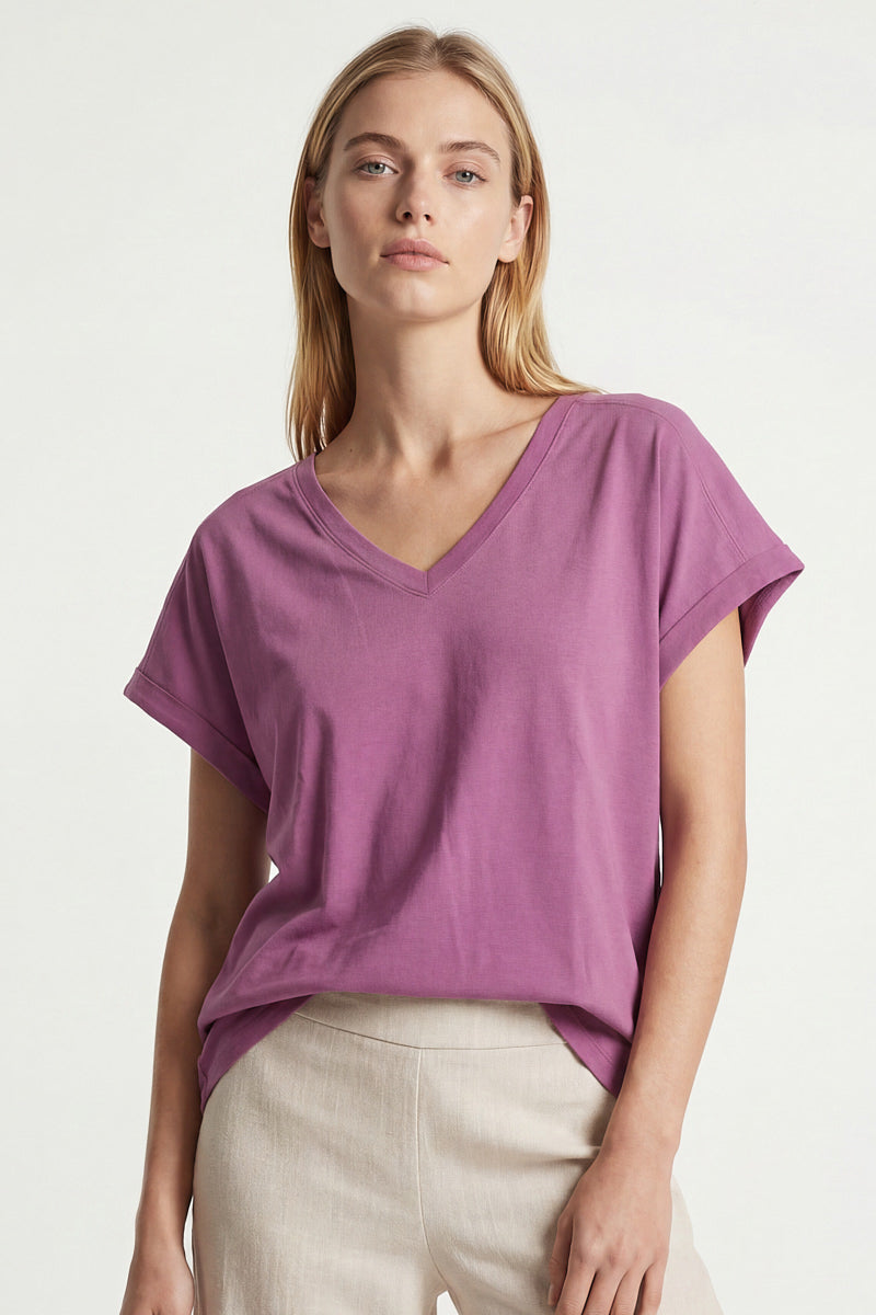 Roze katoenen V-hals t-shirt