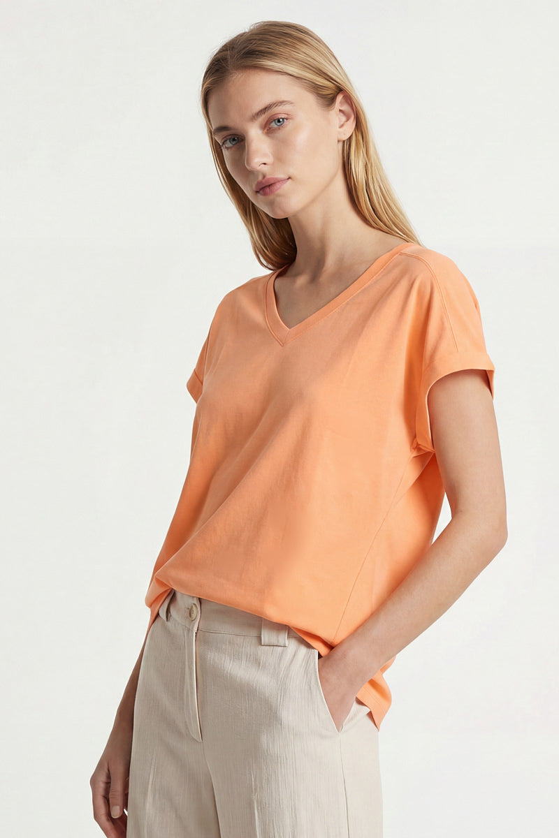 Oranje katoenen V-hals t-shirt