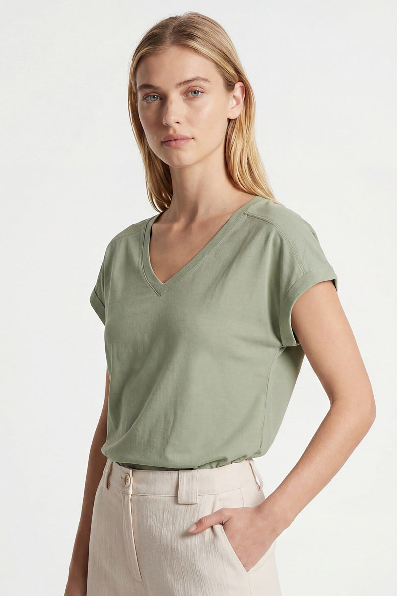Jadegroene katoenen V-hals t-shirt
