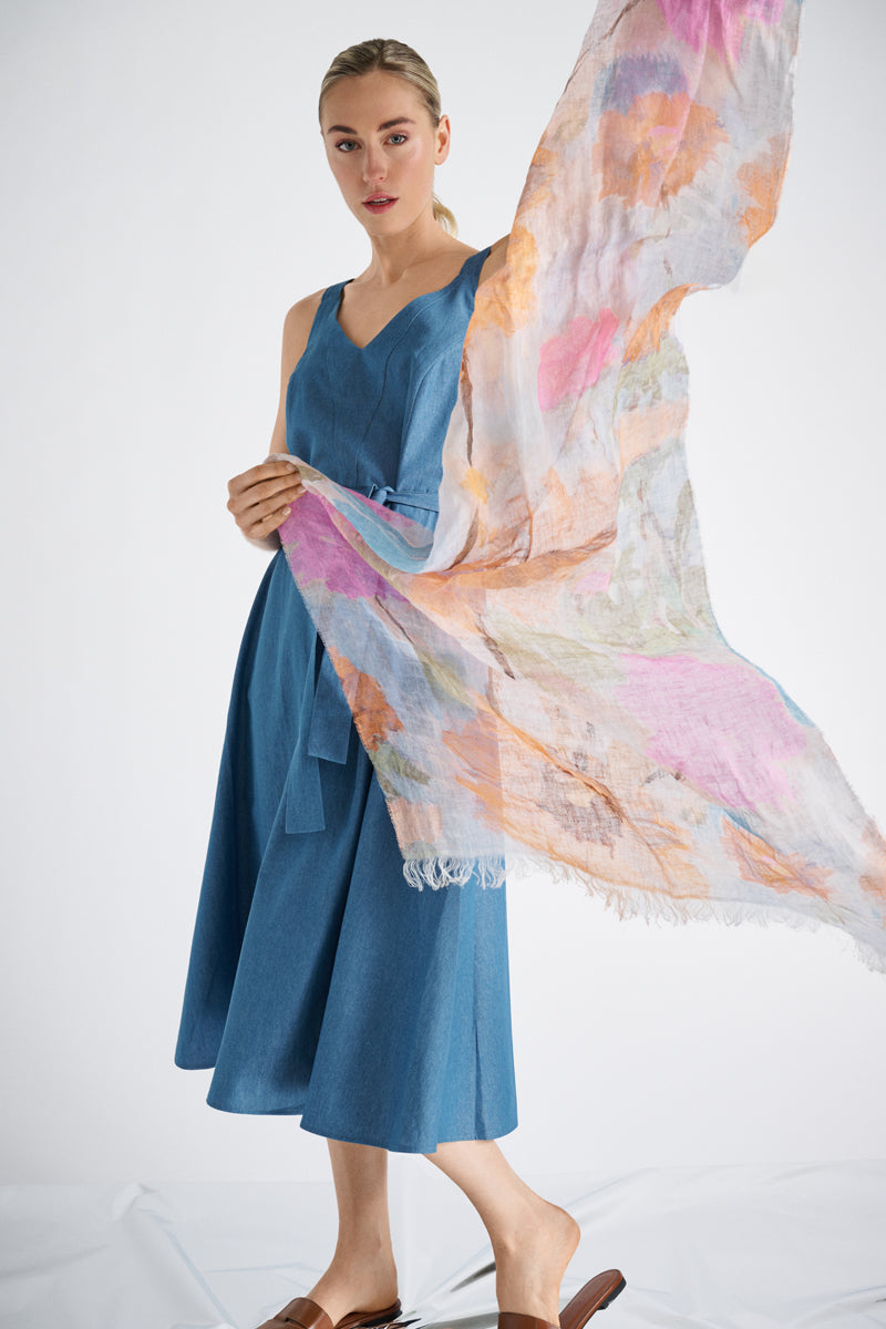 Linnen sjaal in zalm-groene tinten